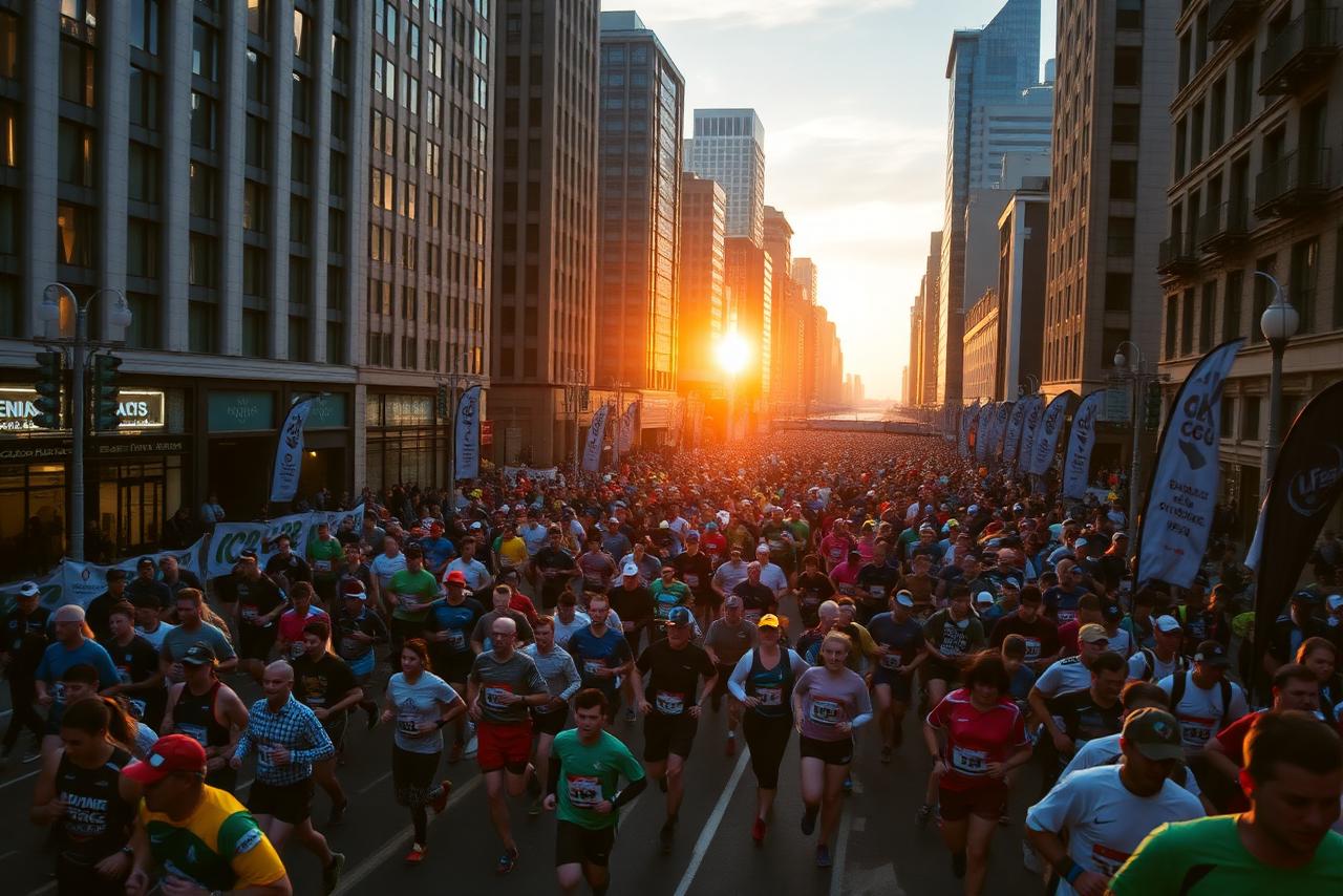 City Half Marathon — 12,000 runners on the start line at sunrise.