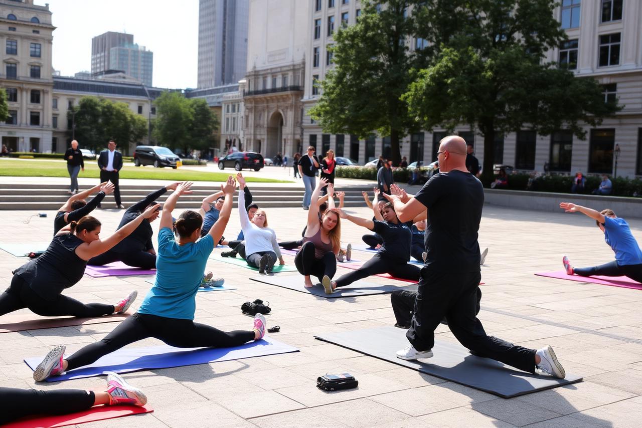 Recovery & Mobility Lab — Morning mobility session on the main square.